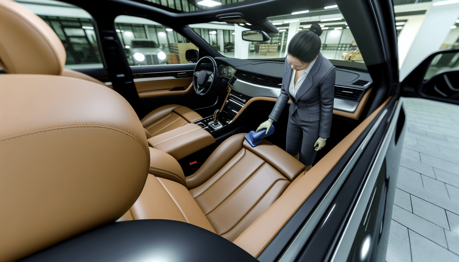 Close-up of a hand applying leather conditioner to a car seat with a microfiber cloth